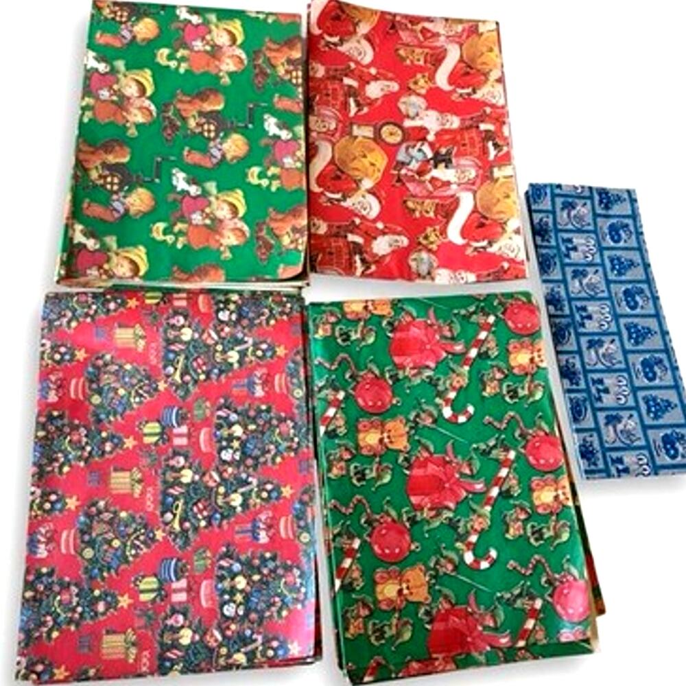 VTG Christmas Wrapping Paper Lot 10 Flat Sheets Santa Precious Moments Kids 70s